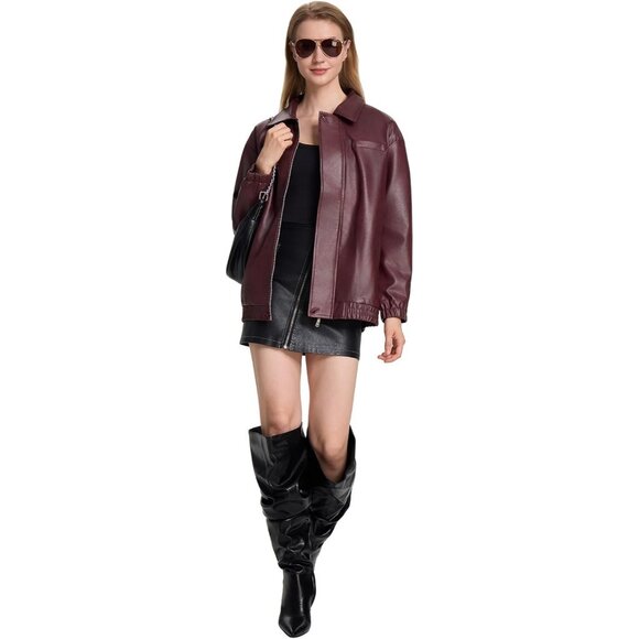 Women's Burgundy Faux Leather Zip-Up Jacket with Elastic Cuffs and Collar - Picture 2 of 6